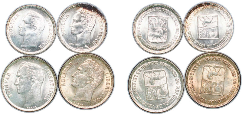 Venezuela Fourth Republic 1954-1960 25 & 50 Céntimos (4 Lots) Silver (.835) UNC