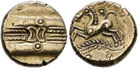 Britannia. Trinovantes. Dubnovellaunus 5 v. Chr. -10 n. Chr 

AV-Stater, Typ "Branch". Kranz mit zwei aufge­legten Mondsicheln, darüber und darunter...