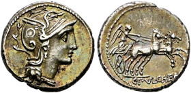 Römische Republik. C. Claudius Pulcher 110-109 v. Chr 

Denar -Rom-. Romakopf mit Flügelhelm nach rechts / Victoria in Biga nach rechts, darunter C ...