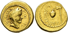 Imperatorische Prägungen. Julius Caesar † 44 v. Chr 

Aureus 46 v. Chr. -Rom-. Verschleierter weiblicher Kopf (Pietas oder Vesta?) nach rechts, daru...