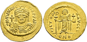 Mauricius Tiberius 582-602 

Solidus 583/84-602 -Constantinopolis-. 11. Offizin. Gepanzerte Büste von vorn mit Helm und Kreuzglobus / Engel von vorn...