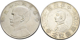 China-Republik. Erste Republik 1912-1949 

Lot (2 Stücke): Dollar o.J. (1927). Auf die Gründung der Republik. Präsident Sun Yat-Sen sowie Dollar Jah...