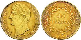 Frankreich-Königreich. Bonaparte, 1. Konsul 1799-1804 

40 Francs AN 11 (1802/03) -Paris-. Gad. 1080, Fr. 479, Schl. 2. 12,88 g feine Goldpatina, kl...