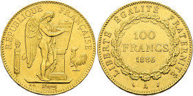 Frankreich-Königreich. Dritte Republik 

100 Francs 1886 -Paris-. Typ Genius. Gad. 1137, Fr. 590, Schl. 405. 32,38 g minimale Kratzer und Randfehler...