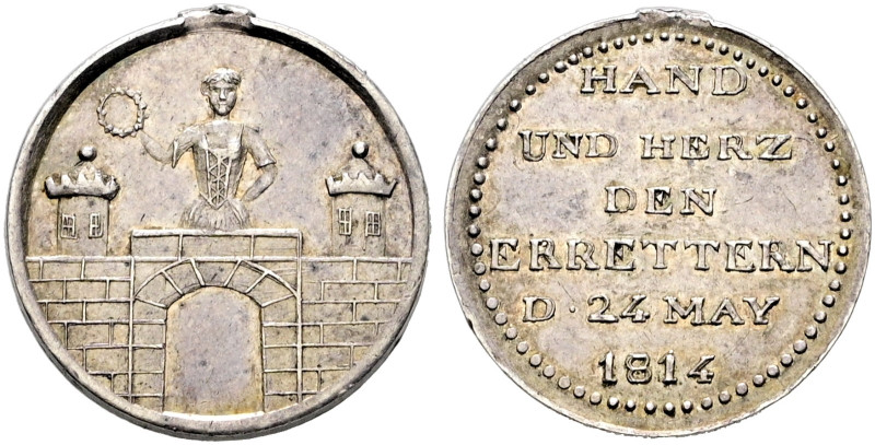 Magdeburg, Stadt. 

Kleine Silbermedaille, sog. Siegespfennig 1814. Auf die Be...