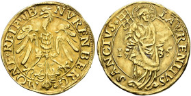 Nürnberg. Nürnberg, Stadt. 

Goldgulden 1535. St. Laurentius. Münzmeister Georg III. (Jörg) Dietherr d.J. Nach links blickender Stadtadler / St. Lau...