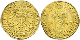 Nürnberg. Nürnberg, Stadt. 

Goldgulden 1547. Nach links blickender Stadtadler / St. Laurentius mit Rost nach halblinks blickend. Ke. 12, Slg. Erl. ...