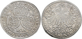 Nürnberg. Nürnberg, Stadt. 

Taler 1616. Drei Wappen in verzierten Kartuschen / Gekrönter Doppeladler sowie Titulatur Kaiser Matthias. Ke. 166, Slg....