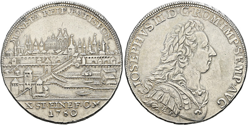 Regensburg, Stadt. 

Konventionstaler 1780. Stempel von G.C. Busch. Stadtansic...