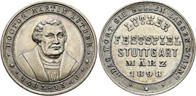 Stuttgart-Stadt. Sammlung Hartmut Schulz 

Versilberte Bronzemedaille 1898 von Mayer und Wilhelm (unsigniert), auf das Luther-Festspiel in Stuttgart...