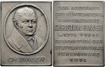Stuttgart-Stadt. Sammlung Hartmut Schulz 

Mattierte Silberplakette 1914 von Mayer und Wilhelm, auf den Numismatiker Christian Binder (der "Vater de...