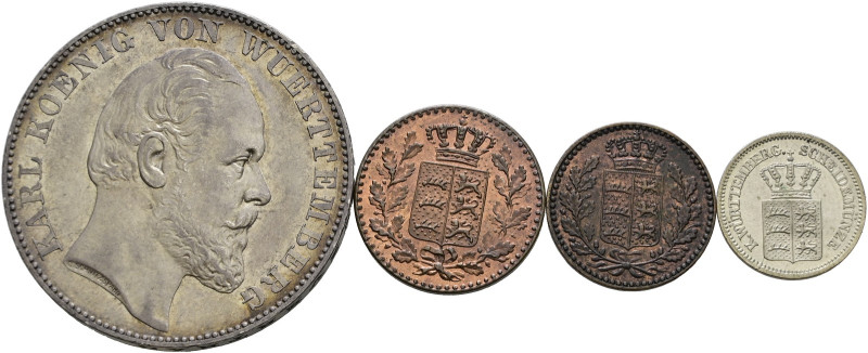 Württemberg. Karl 1864-1891 

Lot (4 Stücke): Vereinstaler 1868, Kreuzer 1873,...