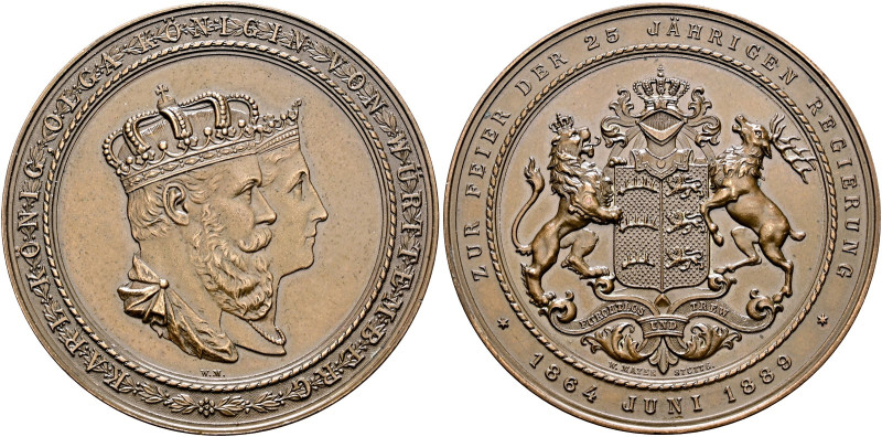 Württemberg. Karl 1864-1891 

Bronzemedaille 1889 von W. Mayer, auf das 25-jäh...