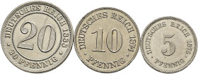 Kleinmünzen. 

Lot (3 Stücke): 5 Pfennig 1875 F, 10 Pfennig 1874 C und 20 Pfennig 1888 A (J. 3,4,6). Prachtexemplare, fast Stempelglanz