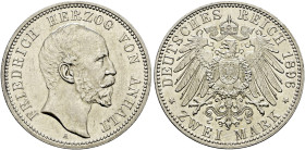 Silbermünzen des Kaiserreiches. ANHALT 

Friedrich I. 1871-1904. 2 Mark 1896 A. 25-jähriges Regierungsjubiläum. J. 20. minimale Kratzer auf dem Aver...