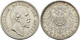 Silbermünzen des Kaiserreiches. ANHALT 

Friedrich I. 1871-1904. 2 Mark 1896 A. 25-jähriges Regierungsjubiläum. J. 20. minimale Randfehler, sehr sch...