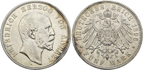 Silbermünzen des Kaiserreiches. ANHALT 

Friedrich I. 1871-1904. 5 Mark 1896 A. 25-jähriges Regierungsjubiläum. J. 21. selten, Kratzer auf dem Avers...