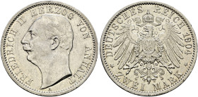 Silbermünzen des Kaiserreiches. ANHALT 

Friedrich II. 1904-1918. 2 Mark 1904 A. Regierungsantritt. J. 22. kleine Kratzer auf dem Avers, sehr schön-...