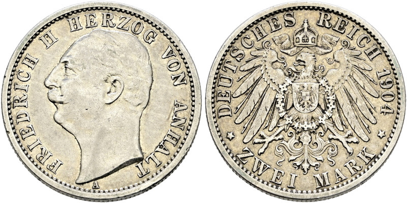 Silbermünzen des Kaiserreiches. ANHALT 

Friedrich II. 1904-1918. 2 Mark 1904 ...