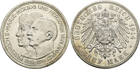 Silbermünzen des Kaiserreiches. ANHALT 

Friedrich II. 1904-1918. 5 Mark 1914 A. Silberhochzeit. J. 25. vorzüglich