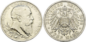 Silbermünzen des Kaiserreiches. BADEN 

Friedrich I. 1852-1907. 5 Mark 1902. Regierungsjubiläum. J. 31. minimale Randfehler, vorzüglich-prägefrisch...