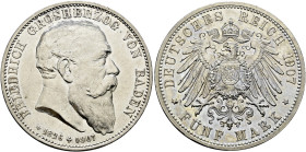 Silbermünzen des Kaiserreiches. BADEN 

Friedrich I. 1852-1907. 5 Mark 1907. Auf seinen Tod. J. 37. vorzüglich-prägefrisch/prägefrisch