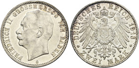 Silbermünzen des Kaiserreiches. BADEN 

Friedrich II. 1907-1918. 2 Mark 1913 G. J. 38. Randfehler, fast vorzüglich/vorzüglich