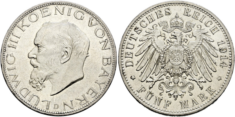 Silbermünzen des Kaiserreiches. BAYERN 

Ludwig III. 1913-1918. 5 Mark 1914 D....