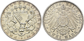 Silbermünzen des Kaiserreiches. BREMEN 

2 Mark 1904 J. J. 59. feine Patina, minimale Randfehler, vorzüglich-Stempelglanz