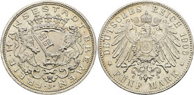 Silbermünzen des Kaiserreiches. BREMEN 

5 Mark 1906 J. J. 60. minimale Randfehler, vorzüglich-prägefrisch