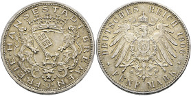 Silbermünzen des Kaiserreiches. BREMEN 

5 Mark 1906 J. J. 60. feine Patina, vorzüglich/sehr schön-vorzüglich