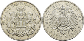 Silbermünzen des Kaiserreiches. HAMBURG 

5 Mark 1903 J. J. 65. winzige Kratzer und Randunebenheiten, vorzüglich-Stempelglanz