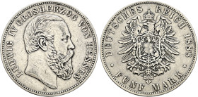 Silbermünzen des Kaiserreiches. HESSEN 

Ludwig IV. 1877-1892. 5 Mark 1888 A. J. 69. selten, kleine Kratzer auf dem Avers und kleine Randfehler, fas...