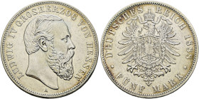 Silbermünzen des Kaiserreiches. HESSEN 

Ludwig IV. 1877-1892. 5 Mark 1888 A. J. 69. selten, minimale Kratzer, Bearbeitungsspuren auf dem Avers und ...