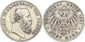 Silbermünzen des Kaiserreiches. HESSEN 

Ludwig IV. 1877-1892. 5 Mark 1891 A. J. 71. kleine Randfehler, fast sehr schön