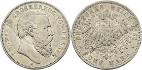 Silbermünzen des Kaiserreiches. HESSEN 

Ludwig IV. 1877-1892. 5 Mark 1891 A. J. 71. Randfehler, kleine Kratzer, sehr schön