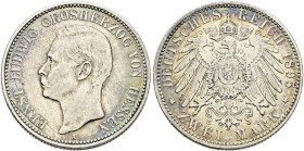 Silbermünzen des Kaiserreiches. HESSEN 

Ernst Ludwig 1892-1918. 2 Mark 1895 A. J. 72. feine Patina, Kratzer auf dem Avers, sehr schön