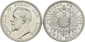 Silbermünzen des Kaiserreiches. LIPPE 

Leopold IV. 1905-1918. 2 Mark 1906 A. J. 78. kleine Kratzer auf dem Avers, Polierte Platte