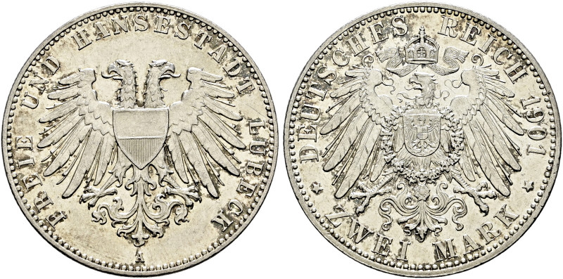 Silbermünzen des Kaiserreiches. Lübeck 

2 Mark 1901 A. J. 80. leichte Tönung,...