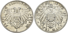 Silbermünzen des Kaiserreiches. Lübeck 

2 Mark 1901 A. J. 80. leichte Tönung, kleiner Kratzer auf dem Avers, vorzüglich-prägefrisch
