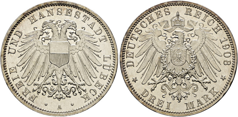 Silbermünzen des Kaiserreiches. Lübeck 

3 Mark 1908 A. J. 82. Polierte Platte...