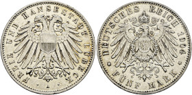 Silbermünzen des Kaiserreiches. Lübeck 

5 Mark 1904 A. J. 83. kleine Kratzer und Randfehler, sehr schön-vorzüglich