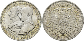 Silbermünzen des Kaiserreiches. MECKLENBURG-SCHWERIN 

Friedrich Franz IV. 1897-1918. 3 Mark 1915 A. Hundertjahrfeier des Großherzogtums. J. 88. lei...