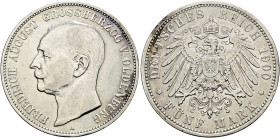 Silbermünzen des Kaiserreiches. OLDENBURG 

Friedrich August 1900-1918. 5 Mark 1900 A. J. 95. kleine Kratzer und Randfehler, sehr schön