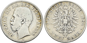 Silbermünzen des Kaiserreiches. REUSS-JÜNGERE LINIE 

Heinrich XIV. 1867-1913. 2 Mark 1884 A. J. 120. gutes schön