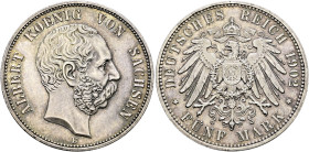 Silbermünzen des Kaiserreiches. SACHSEN 

Albert 1873-1902. 5 Mark 1902 E. J. 125. selten in dieser Erhaltung, feine Patina, winzige Kratzer und Ran...