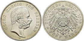 Silbermünzen des Kaiserreiches. SACHSEN 

Georg 1902-1904. 5 Mark 1903 E. J. 130. leichte Kratzer auf dem Avers, fast Stempelglanz/Stempelglanz