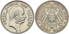 Silbermünzen des Kaiserreiches. SACHSEN 

Georg 1902-1904. 5 Mark 1904 E. Auf seinen Tod. J. 133. Prachtexemplar mit leichter Tönung, fast Stempelgl...