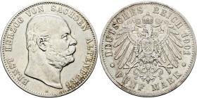 Silbermünzen des Kaiserreiches. SACHSEN-ALTENBURG 

Ernst 1853-1908. 5 Mark 1901 A. 75. Geburtstag. J. 143. kleine Kratzer, sehr schön