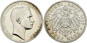 Silbermünzen des Kaiserreiches. SACHSEN-COBURG-GOTHA 

Carl Eduard 1900-1918. 5 Mark 1907 A. J. 148. selten, kleine Kratzer, sehr schön-vorzüglich/v...